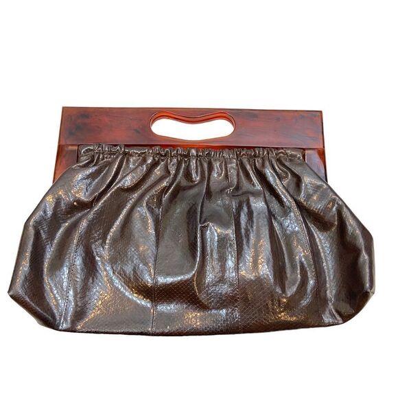 Vintage Brown Vinyl Faux Leather Clutch with Tortoiseshell Plastic Handle 60s - Picture 1 of 14